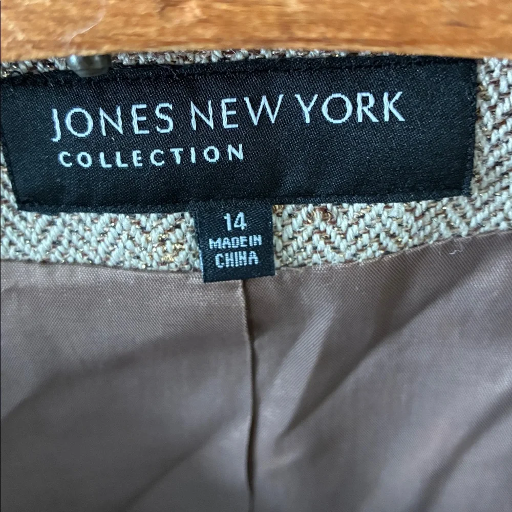 Jones New York Women's Tan Jacket sz 14 Tweed Gold Metallic euc - Picture 8 of 9